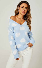 Relaxed Comfy White V Neck Heart Pattern Jumper Top In Baby Blue