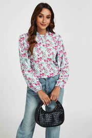 Floral Print Frill Detail High Neck Top In Blue & Pink