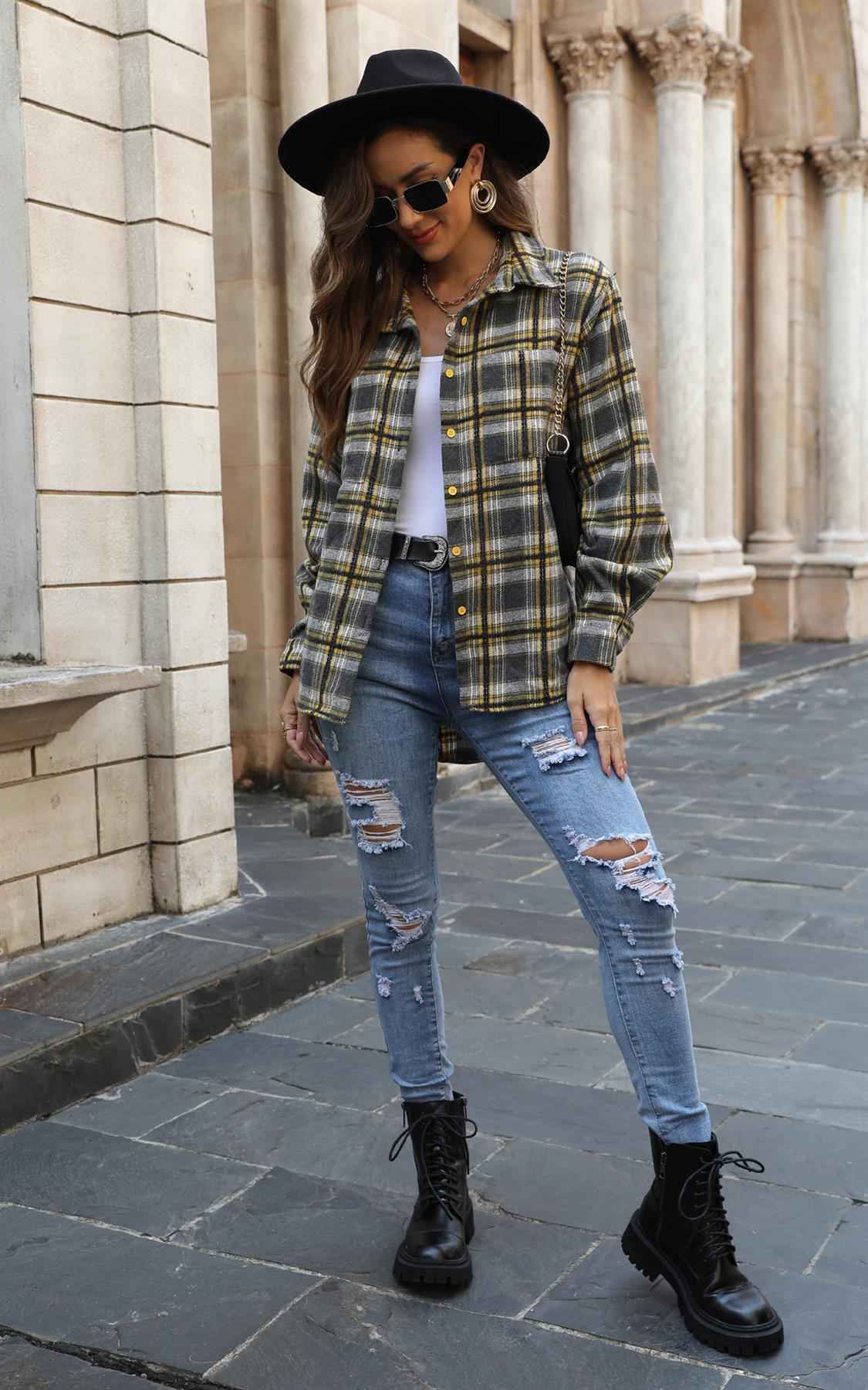 Yellow Brushed Check Oversized Pocket Detail Shacket Shirt Jacket In Grey