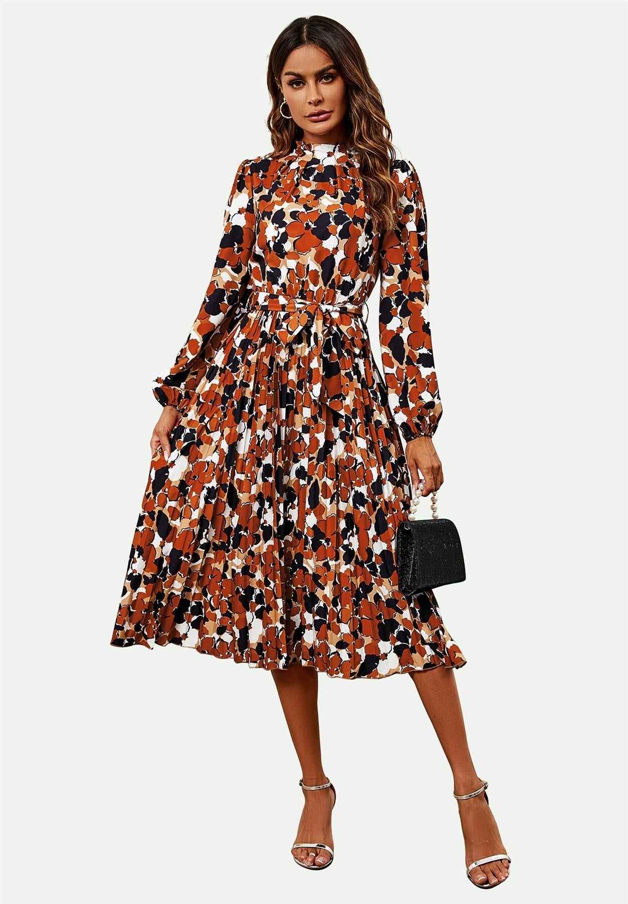 High Neck Long Sleeve Midi Dress In Rust
