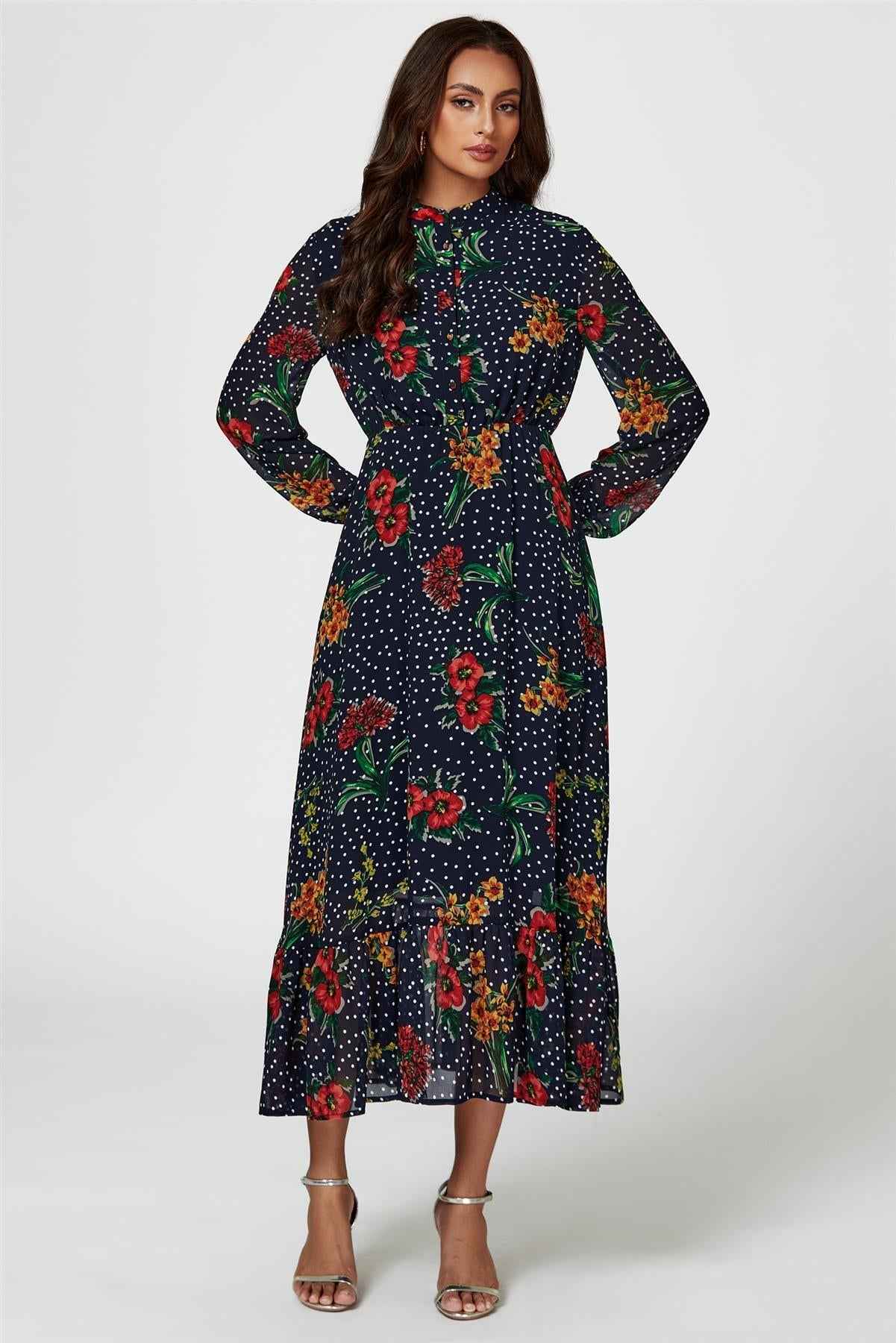 Floral Dot Print Maxi Dress In Navy