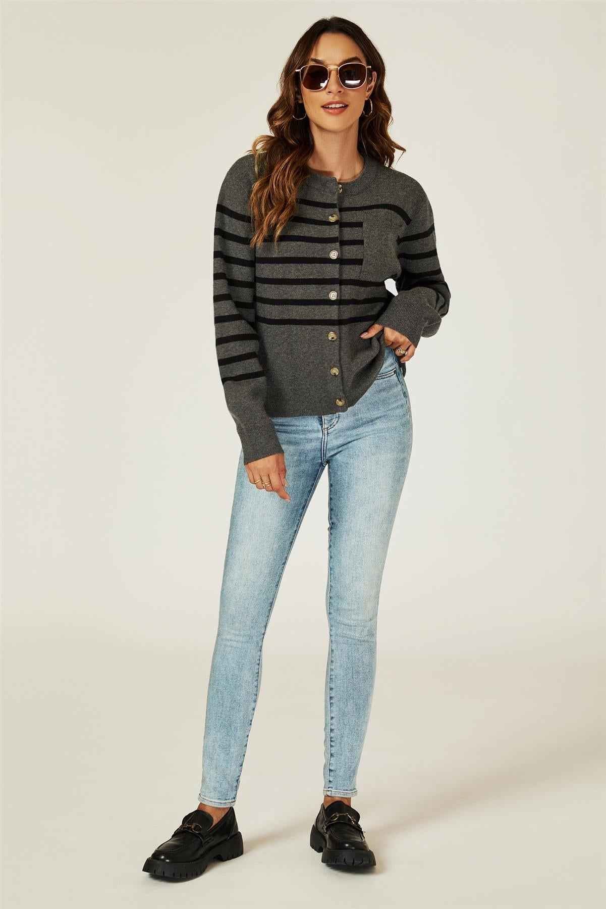 Pocket Stripe Knitted Cardigan In Dark Grey