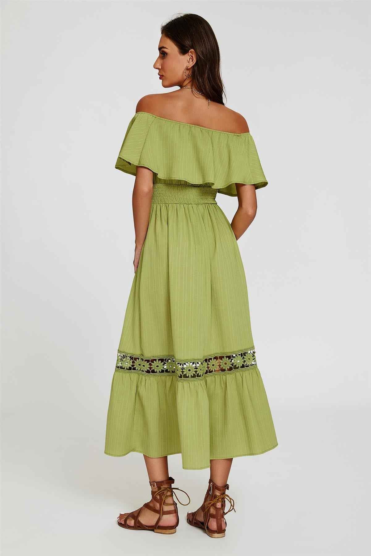 Lace Detail Bardot Maxi Dress In Green