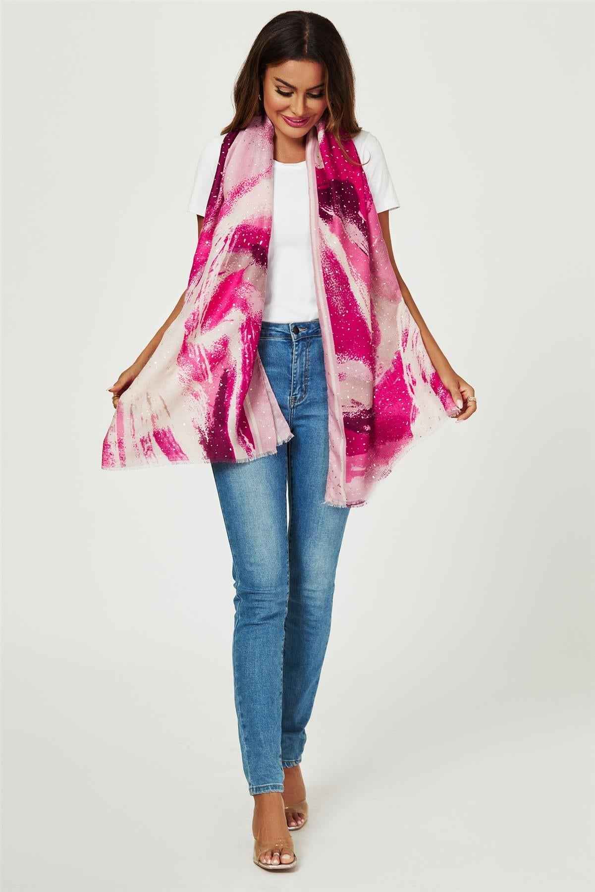 Gold Foil Abstract Brush Print Fringed edges Scarf In Pink