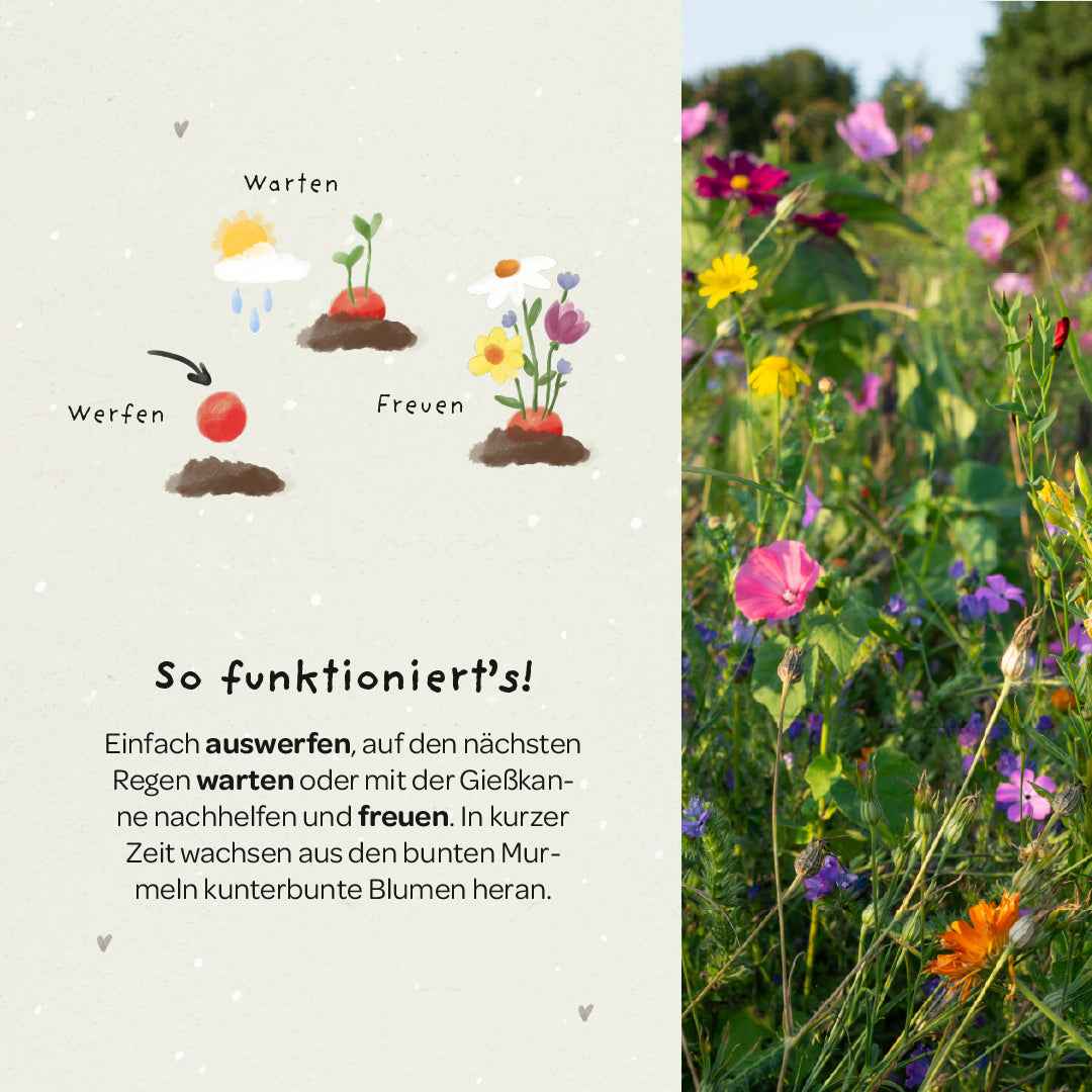 5 Blumenmurmeln im Tütchen zur Einschulung "Hipp Hipp Hurra!"