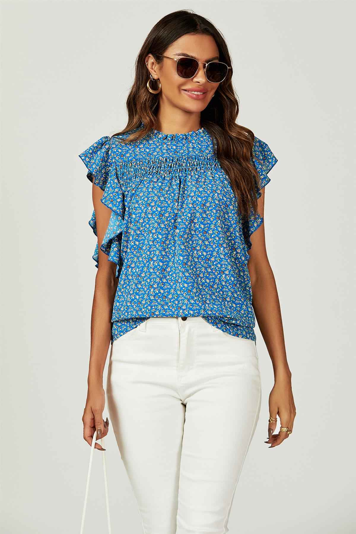 Floral Print Frill Hem Short Sleeve Blouse Top In Blue