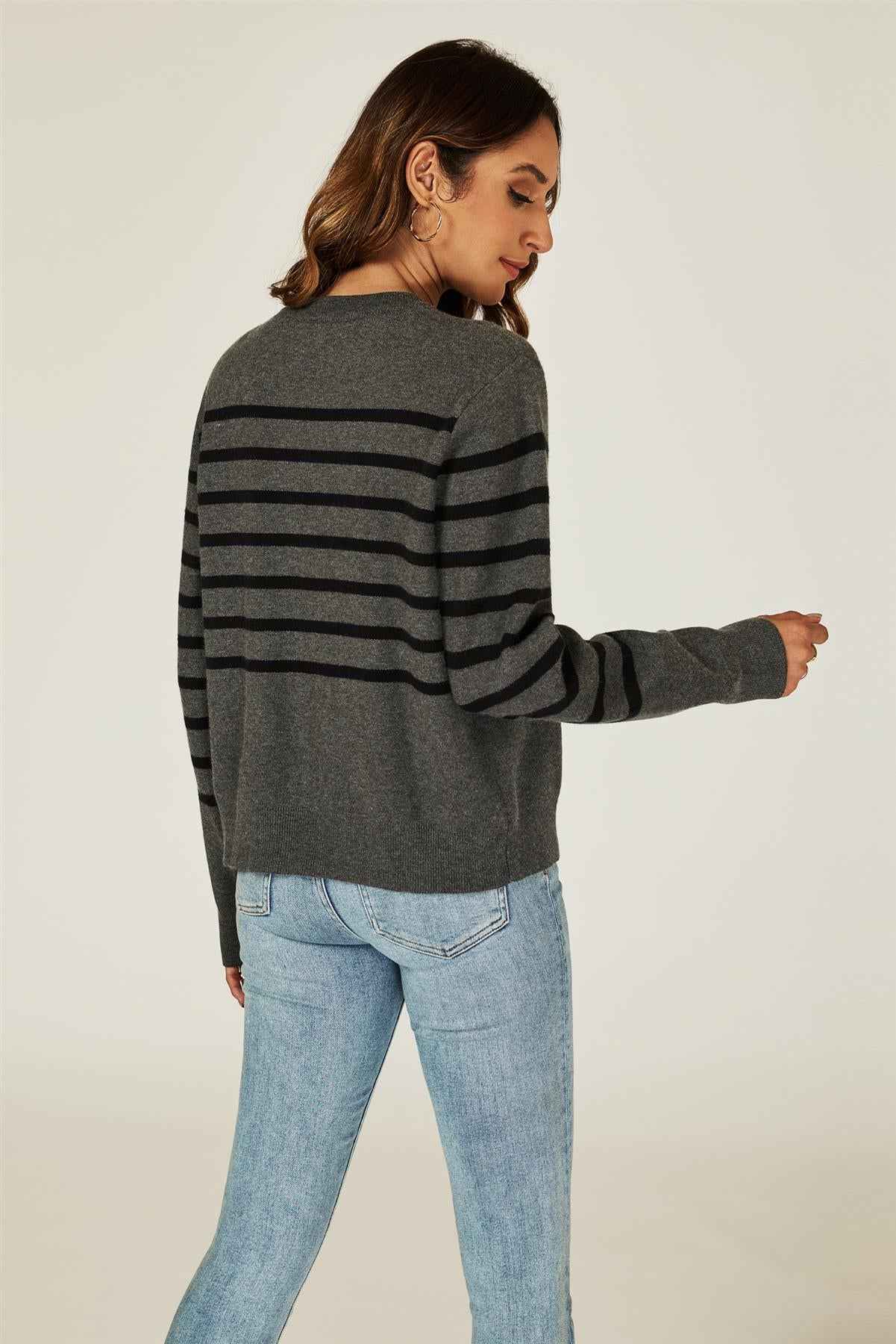 Pocket Stripe Knitted Cardigan In Dark Grey