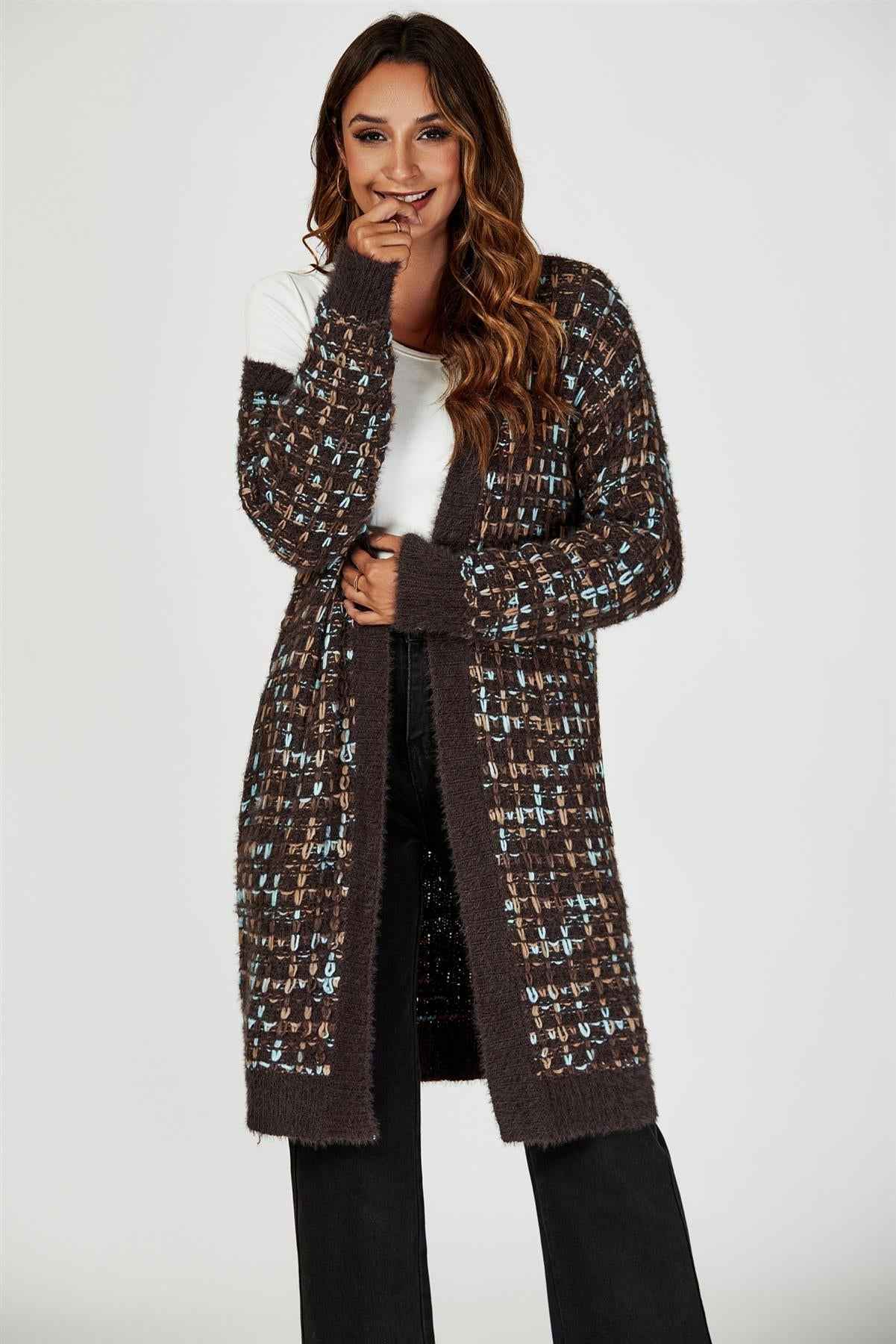 Boucle Check Cardigan In Brown With Multicolour Speckles