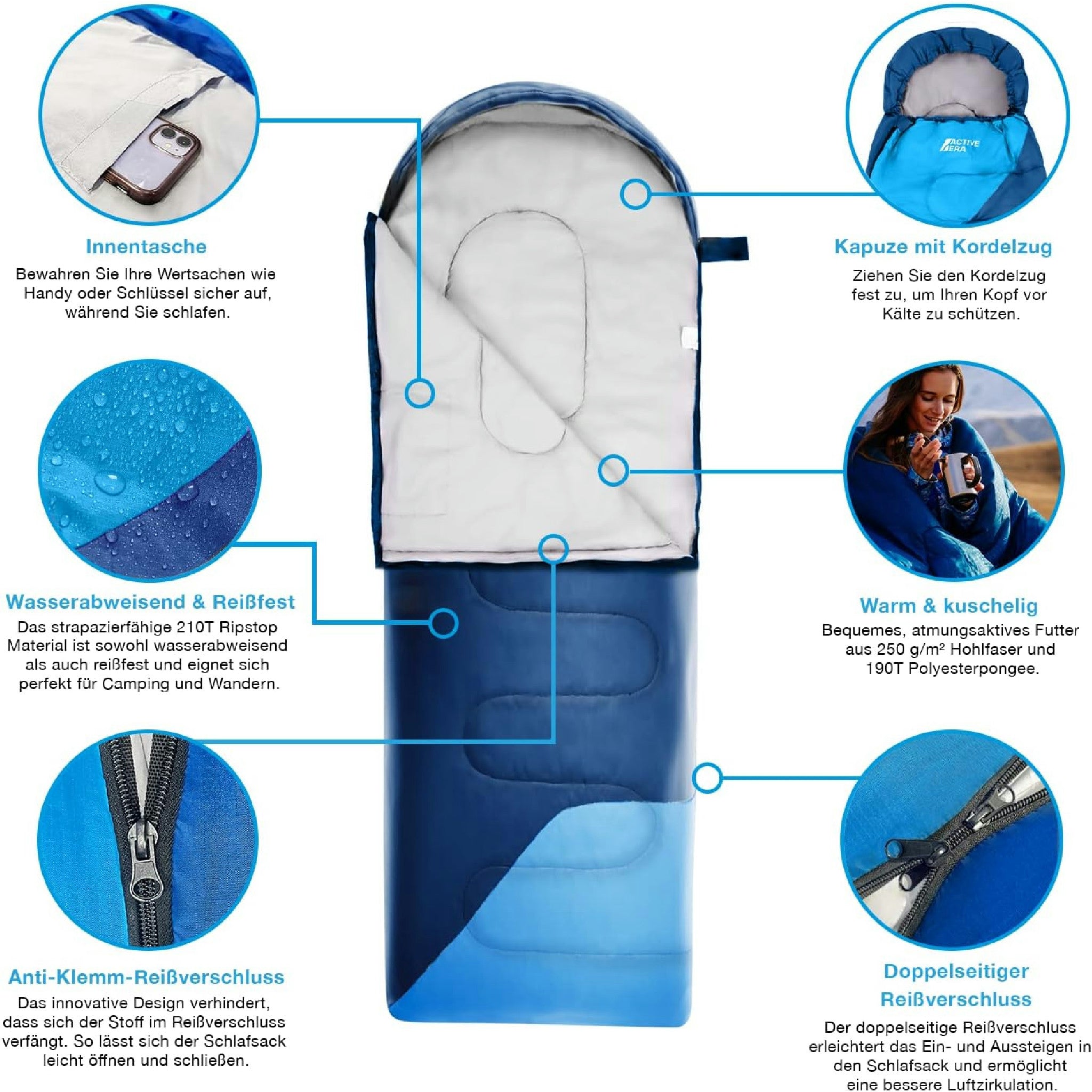 Active Era Sac de Couchage Rectangulaire 3-4 Saisons 0-15°C avec Sac de Compression pour Adultes et Enfants - Duvet Léger, Chaud, Imperméable, Jumelable - Bleu Hauptansicht