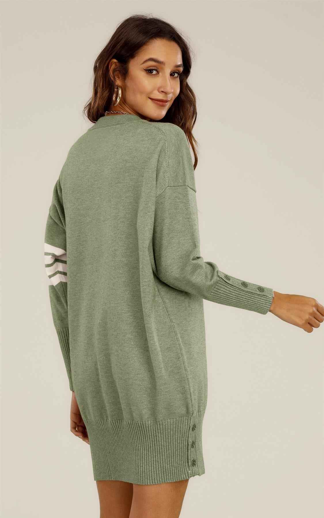 Knitted Tunic Jumper Dress With White Stripe In Olive