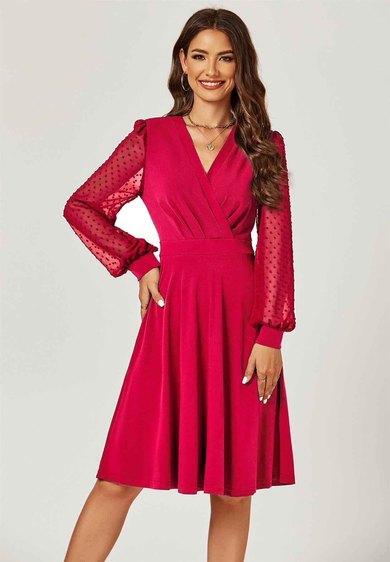Long Chiffon Sleeve Pleated Midi Dress In Wine