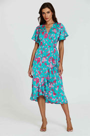 Turquoise & Hot Pink Print Angel Sleeve Wrap Midi Dress