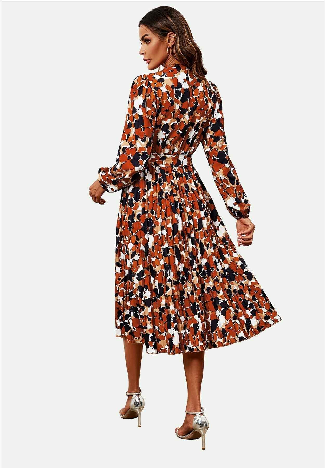 High Neck Long Sleeve Midi Dress In Rust
