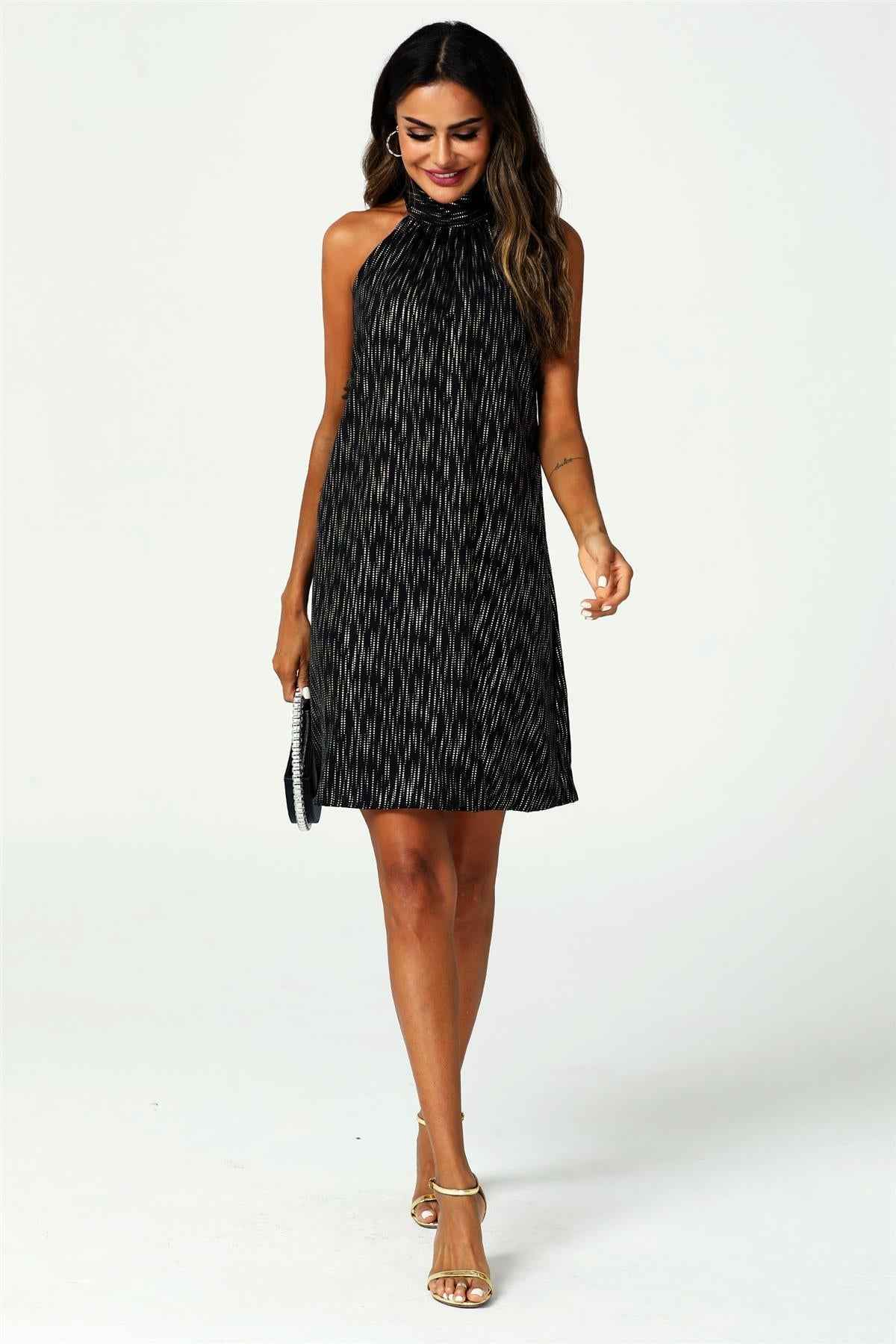 Gold Foil Halter Neck Tie Back Mini Dress In Black