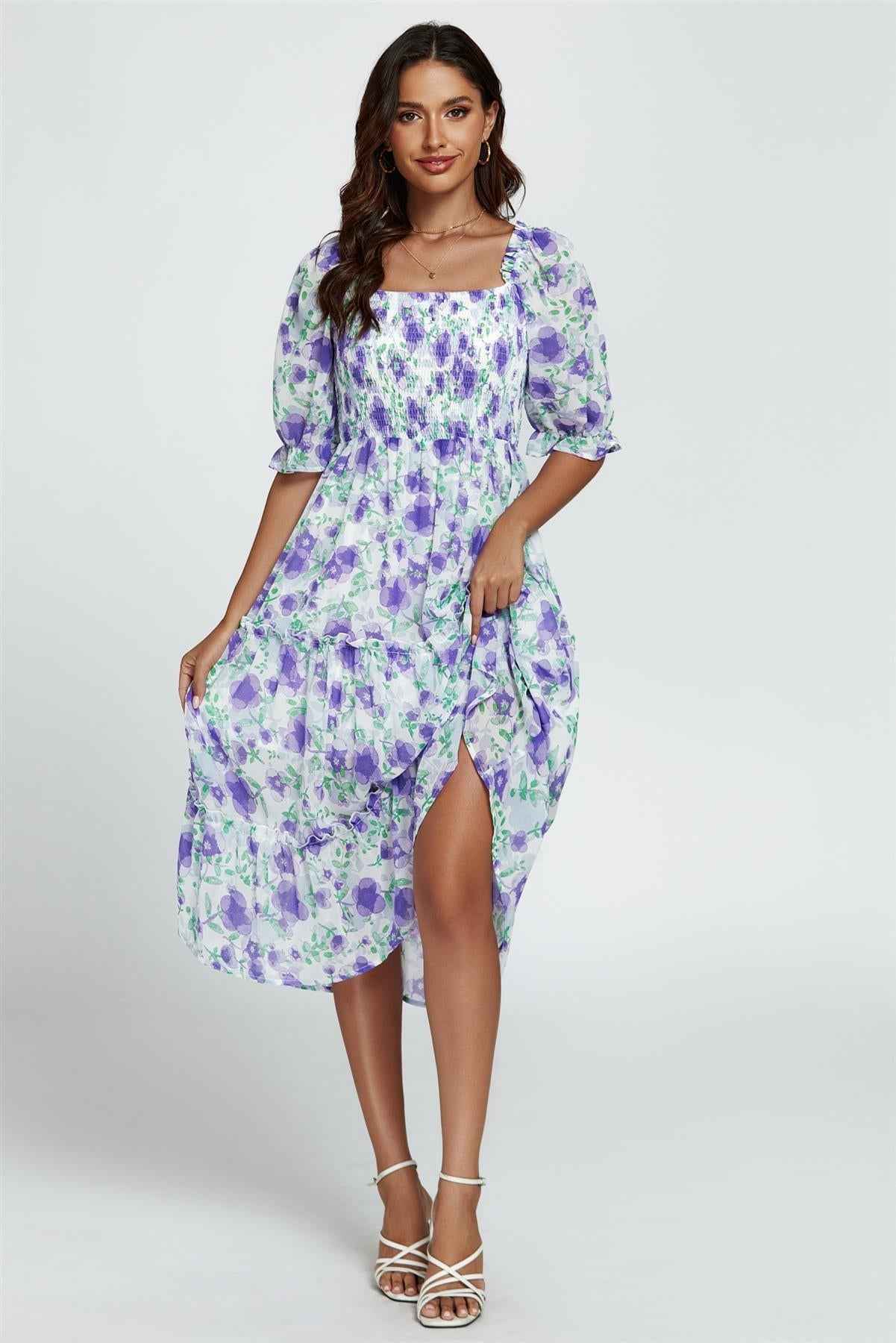 Floral Print Bardot Puff Sleeve Elasticated Detail Midi Dress In White