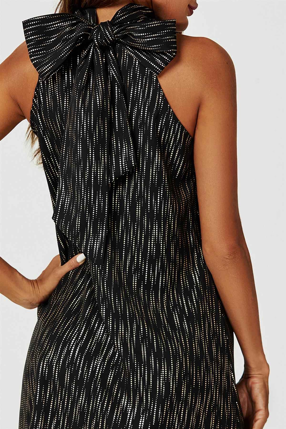 Gold Foil Halter Neck Tie Back Mini Dress In Black