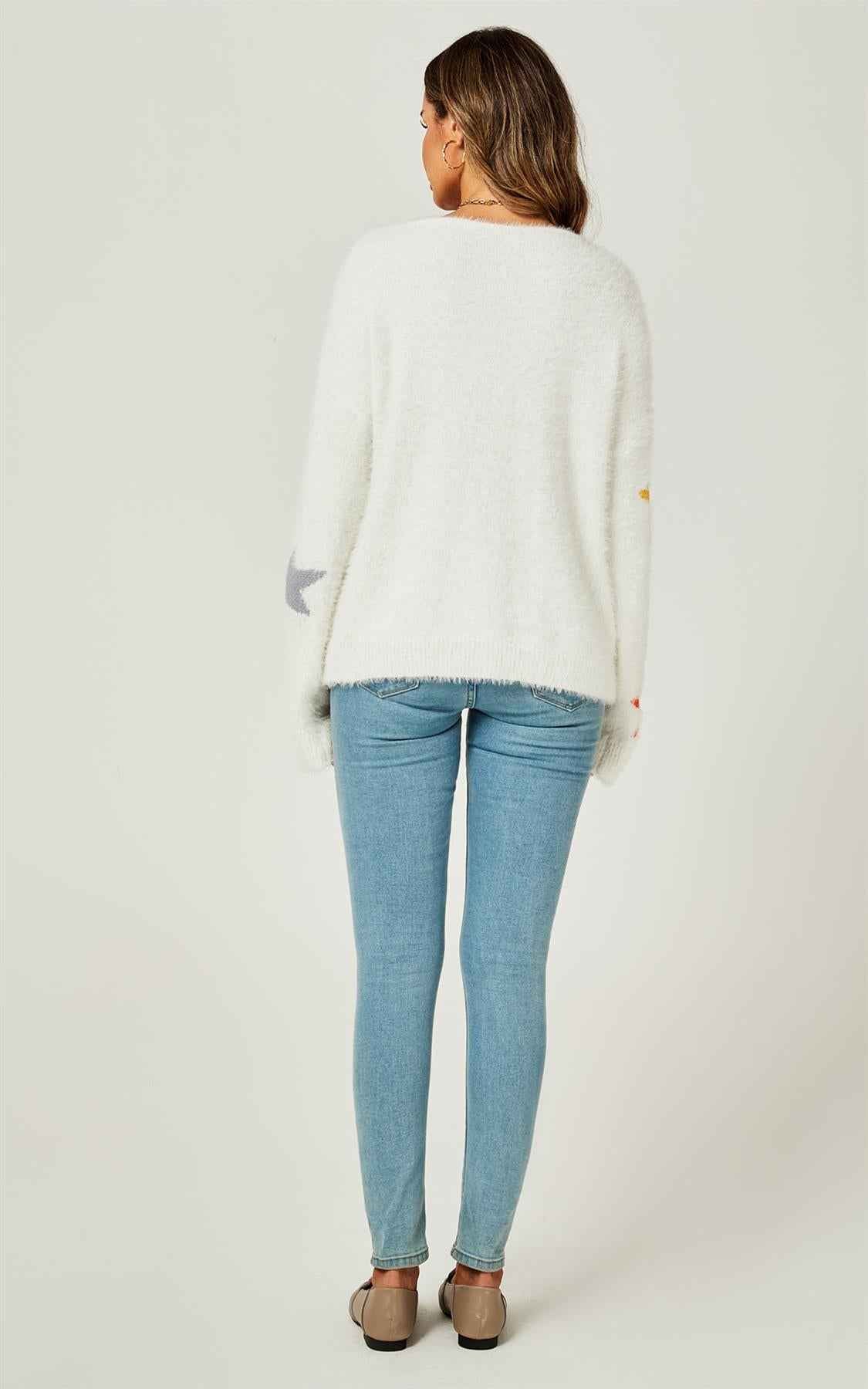 Relaxed Soft Comfy V Neck White Star Pattern Jumper Top In White