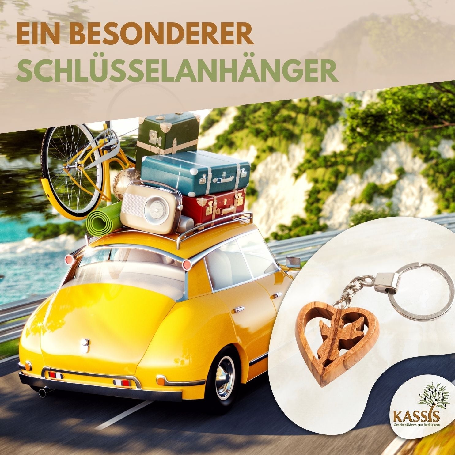 Schlüsselanhänger Schutzengel im Herz aus Olivenholz