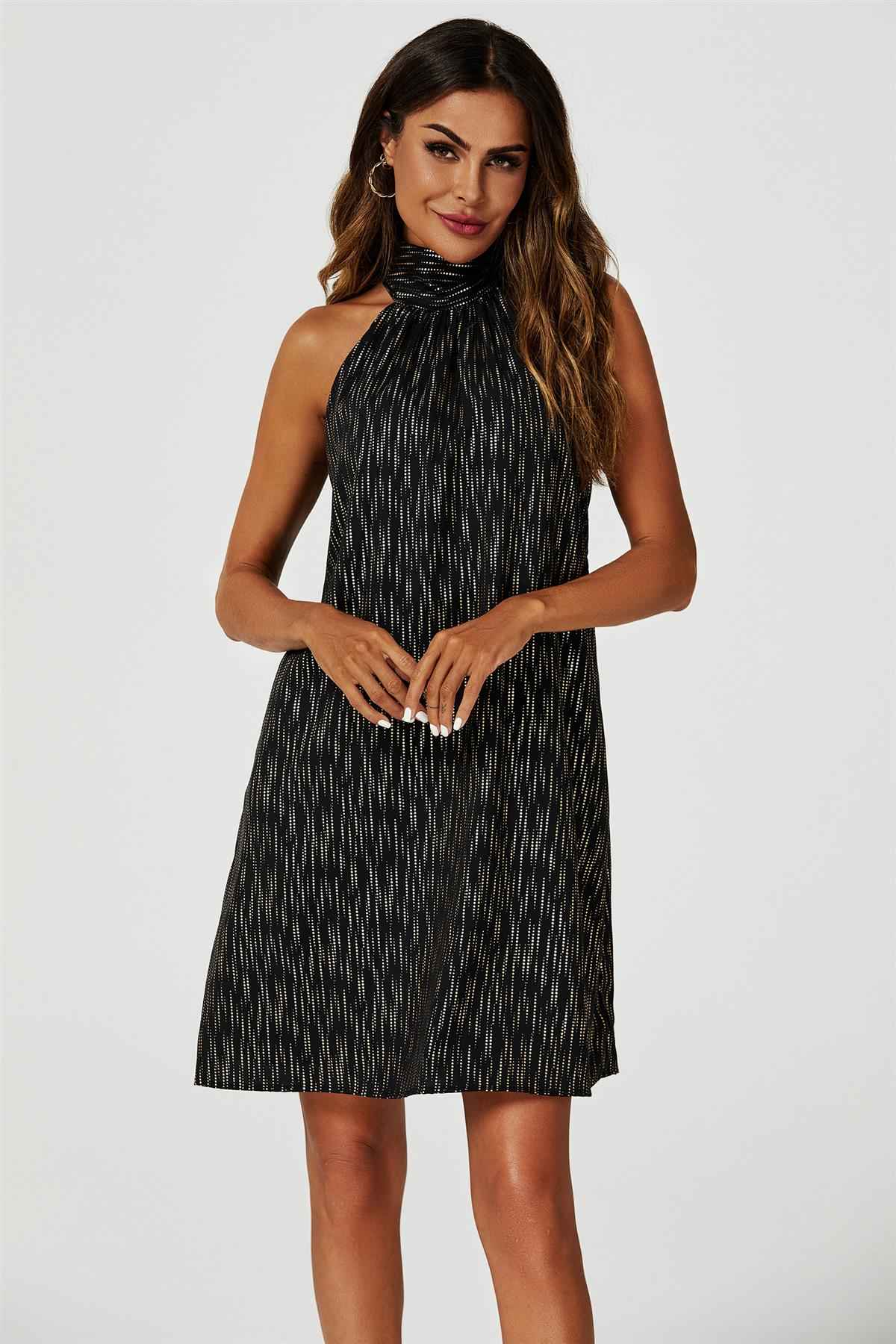 Gold Foil Halter Neck Tie Back Mini Dress In Black