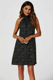 Gold Foil Halter Neck Tie Back Mini Dress In Black