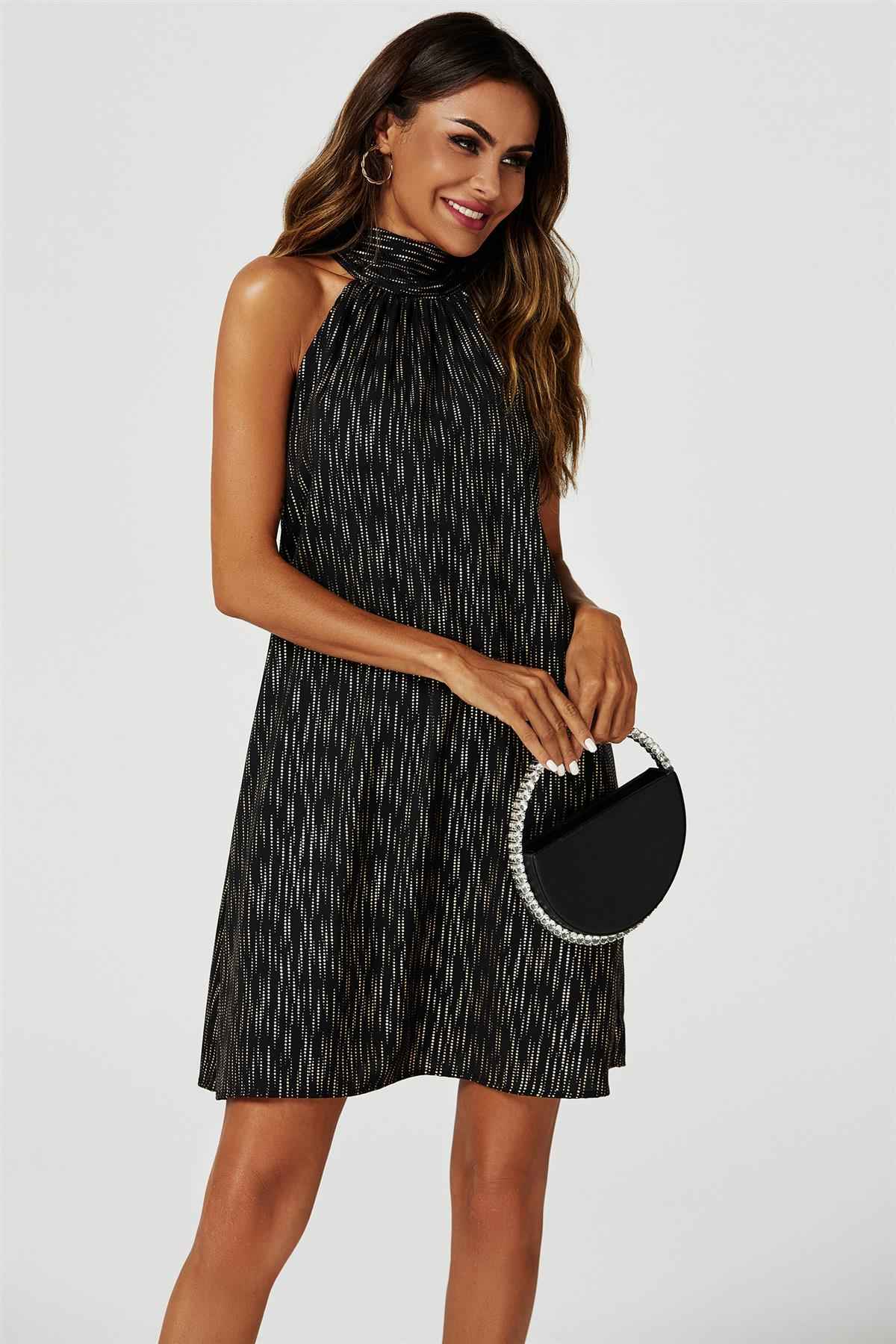 Gold Foil Halter Neck Tie Back Mini Dress In Black