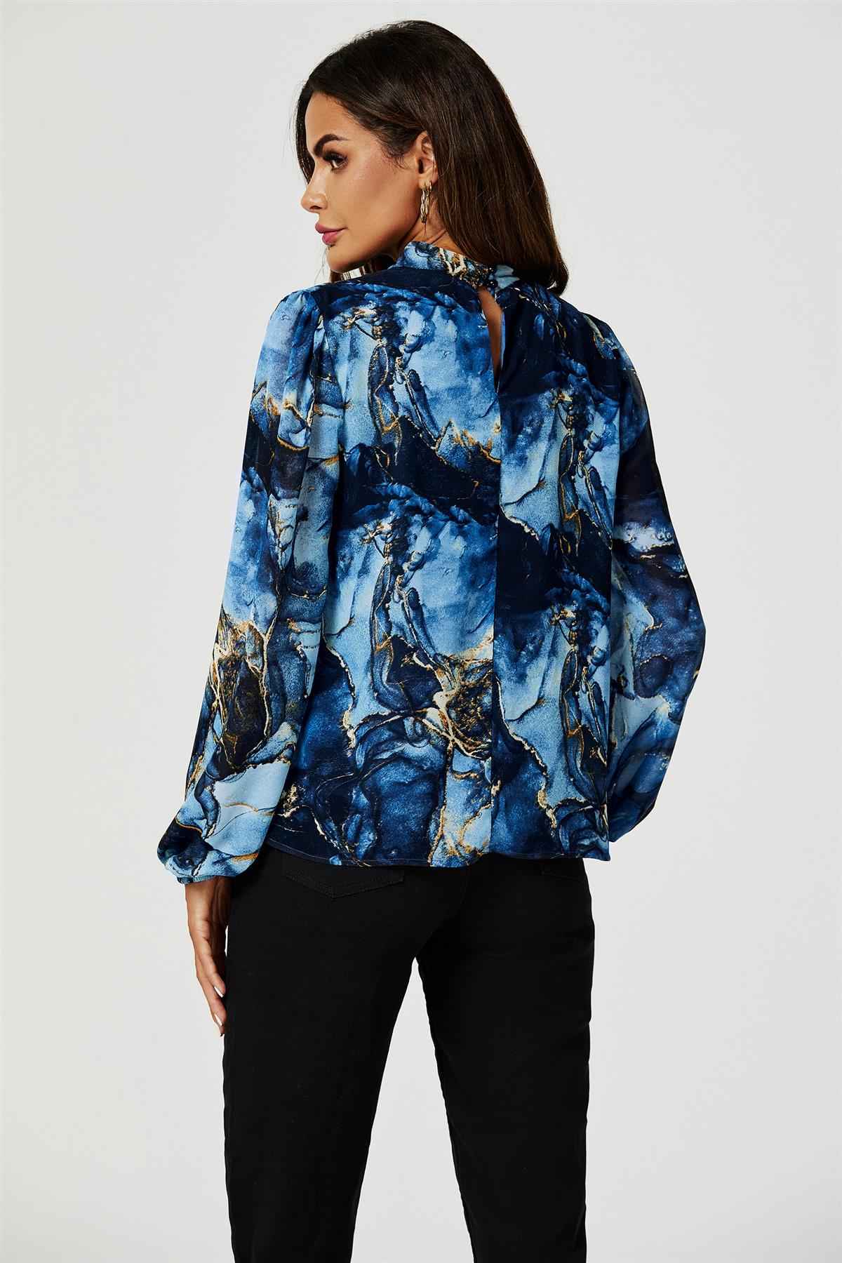 Marble Print Long Sleeve High Neck Top In Navy