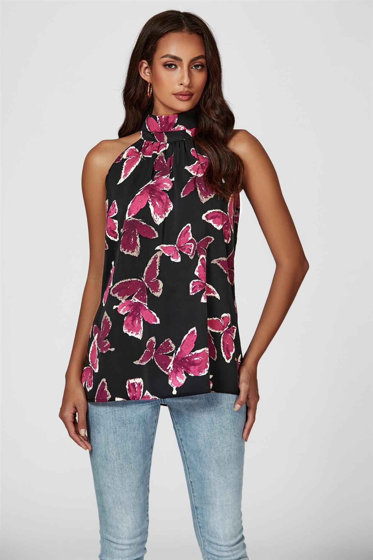 Butterfly Print Halter Neck Tie Back Top In Black