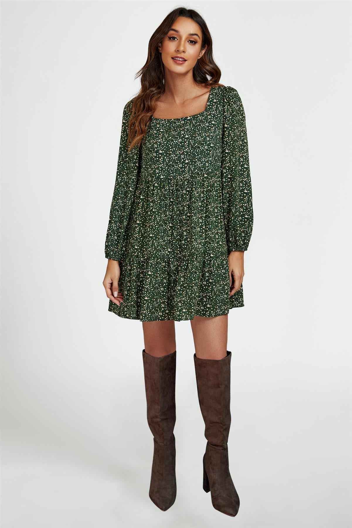 Little Floral Print Square Neck Mini Dress In Olive Green