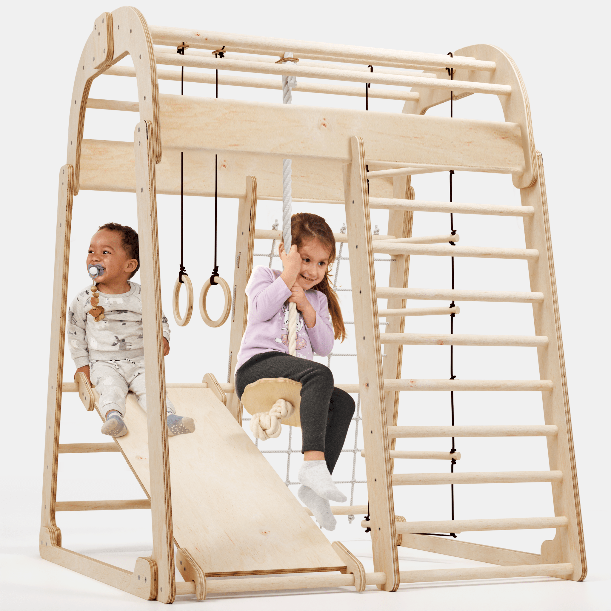 Beige 6in1 Indoor Spielplatz mit Klettergerüst, Rutsche und Gymnastikringe