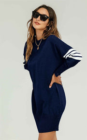 Knitted Tunic Jumper Dress With White Stripe In Navy