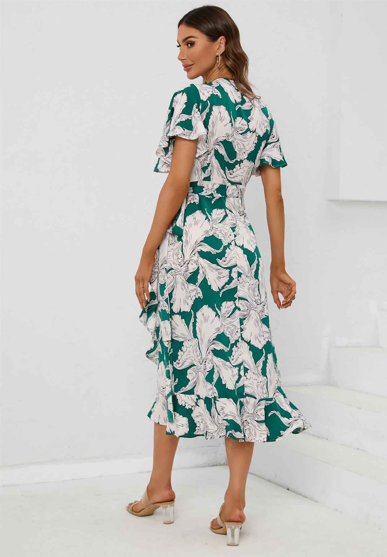 Angel Sleeve Wrap Midi Dress In Green