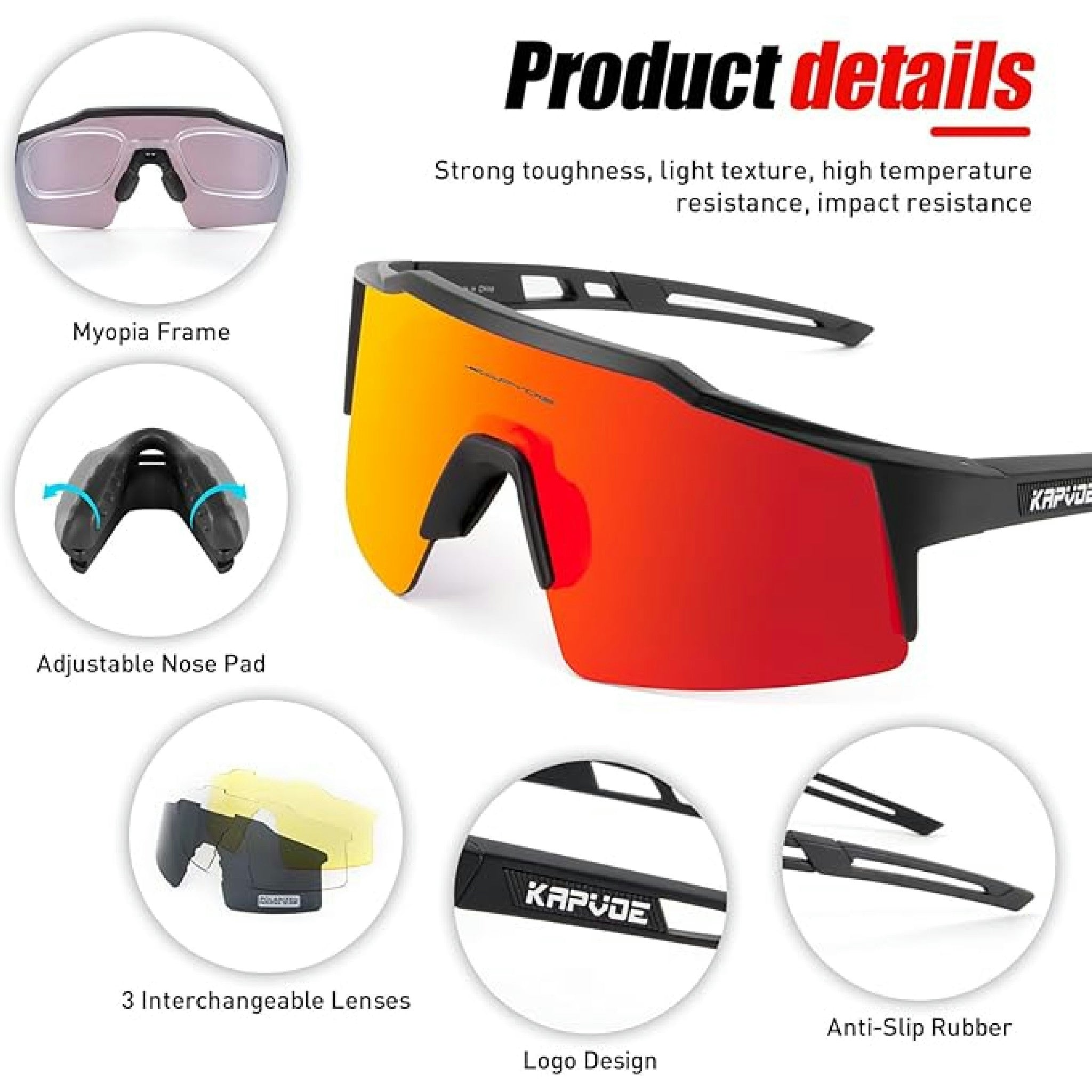 KAPVOE Lunette de Cyclisme Polarisées Homme Femme Tr90 avec 4 Verres Interchangeable Lunette VTT Protection UV400 Lunette de Soleil Pour Vélo Pêche Course Conduite 02 Rouge Noir Hauptansicht