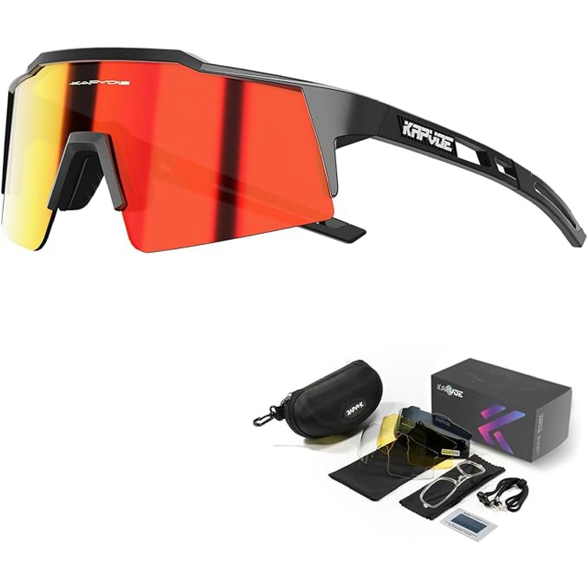 KAPVOE Lunette de Cyclisme Polarisées Homme Femme Tr90 avec 4 Verres Interchangeable Lunette VTT Protection UV400 Lunette de Soleil Pour Vélo Pêche Course Conduite 02 Rouge Noir Hauptansicht