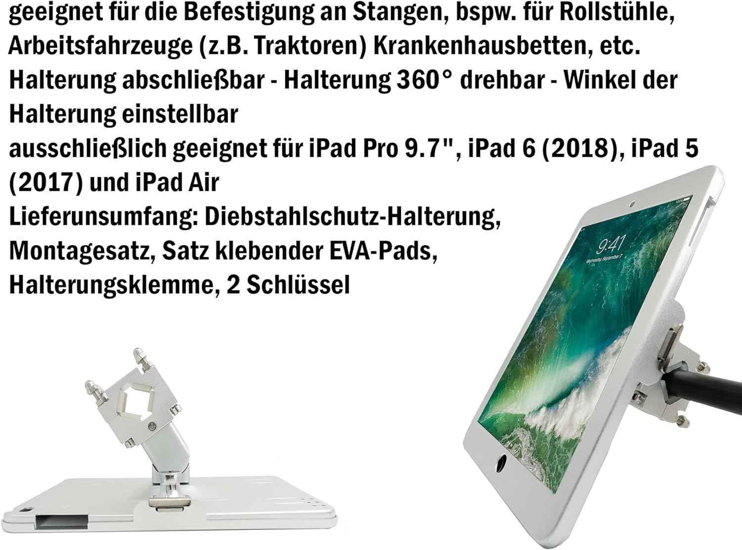 SYSTEM-S Stangen Halterung mit Schloss Befestigung aus Metall für iPad 9.7" (2018) A1673 A1674 A1675 A1893 A1954 A1822 A1823 A1474 A1475 A1476 A1566 A1567 Air 1 2