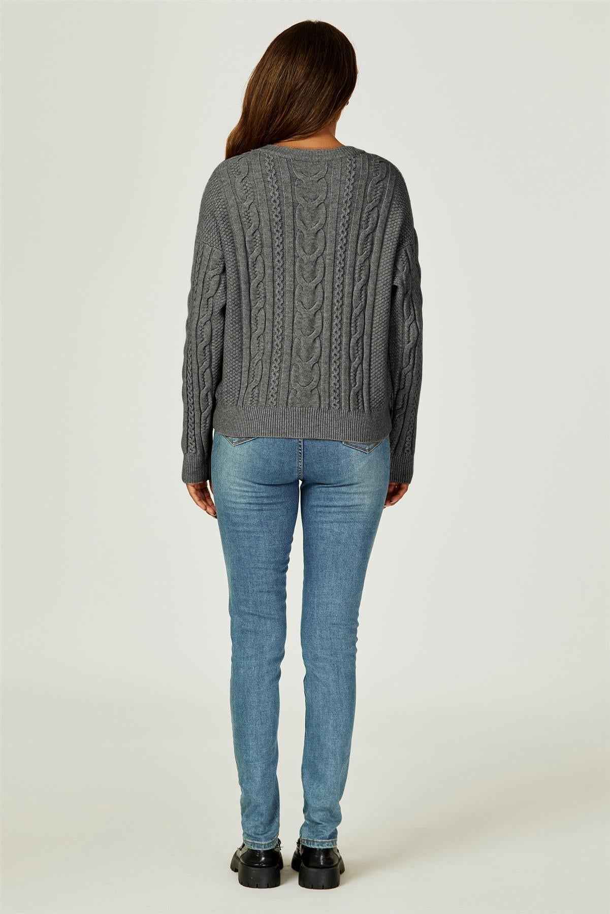 Cable Knit Crew Neck Jumper In Dark Grey