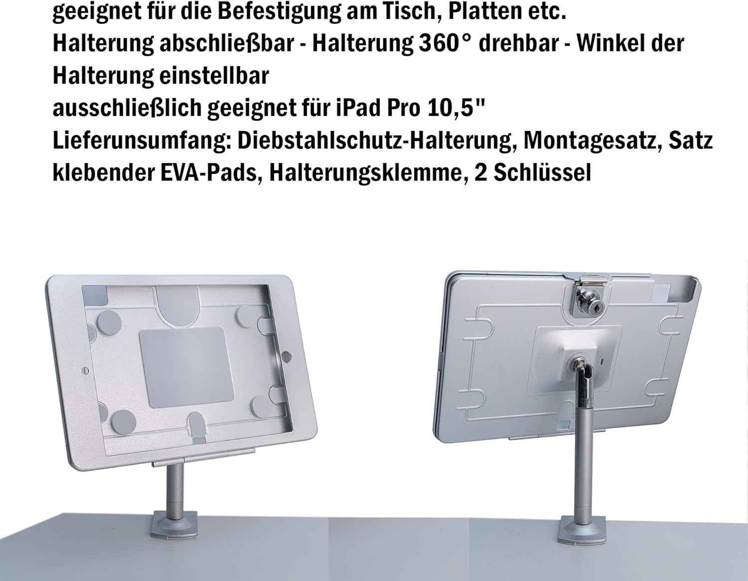 SYSTEM-S Stangen Halterung mit Schloss Befestigung aus Metall in Grau für iPad Pro 10,5"