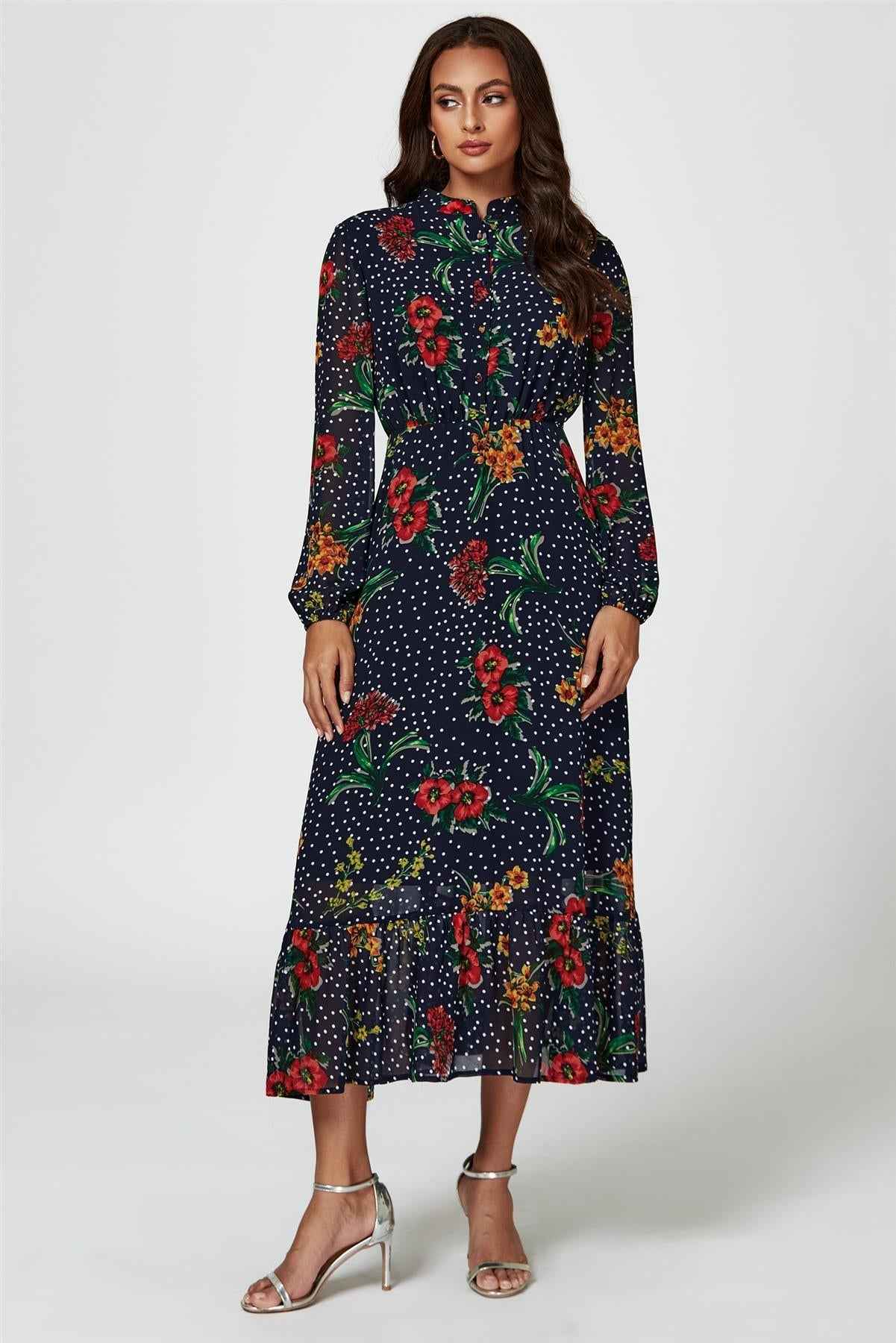 Floral Dot Print Maxi Dress In Navy