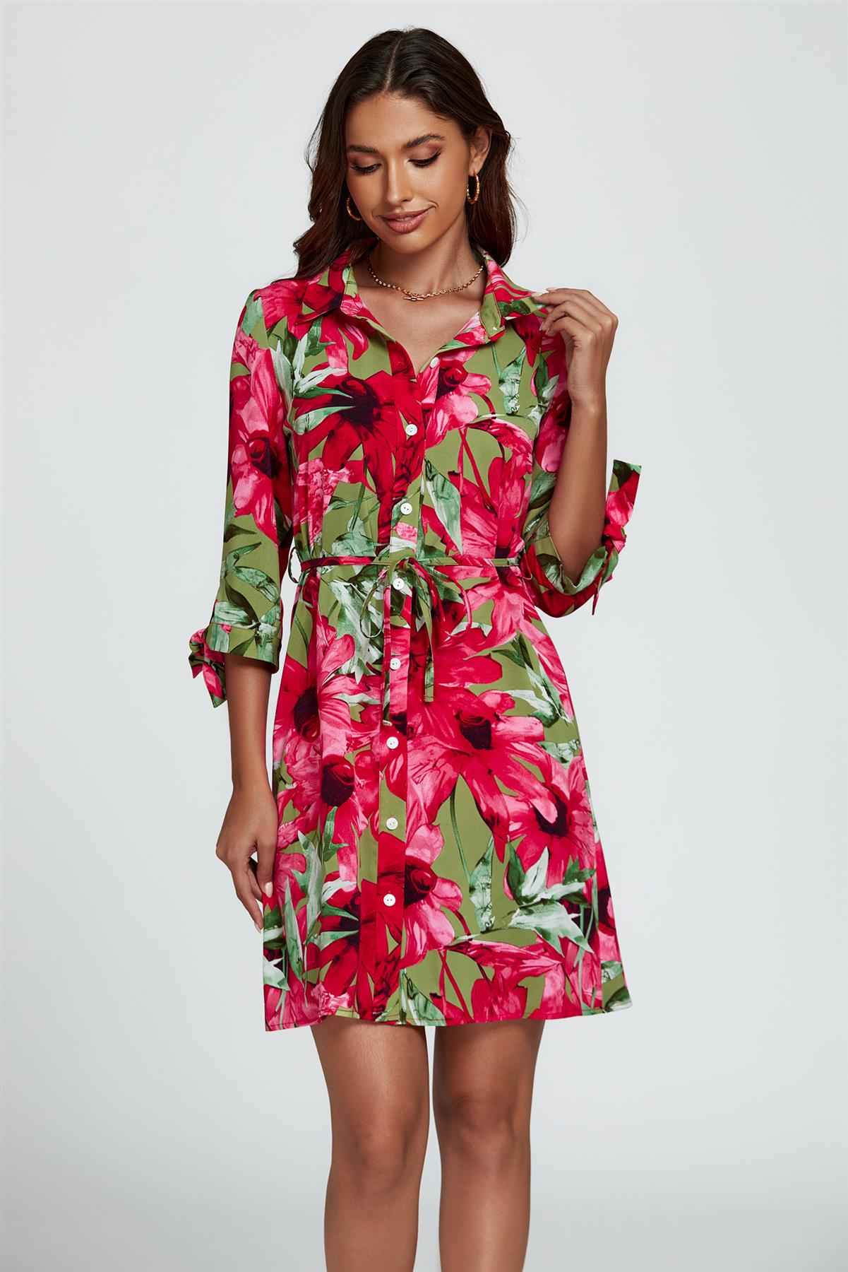 Floral Print Shirt Mini Dress In Red