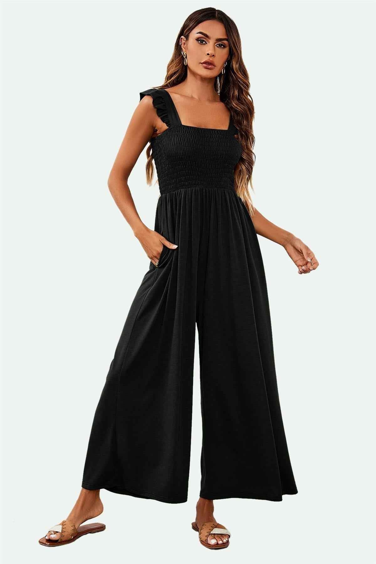Frill Detail Strappy Jumpsuit In Black