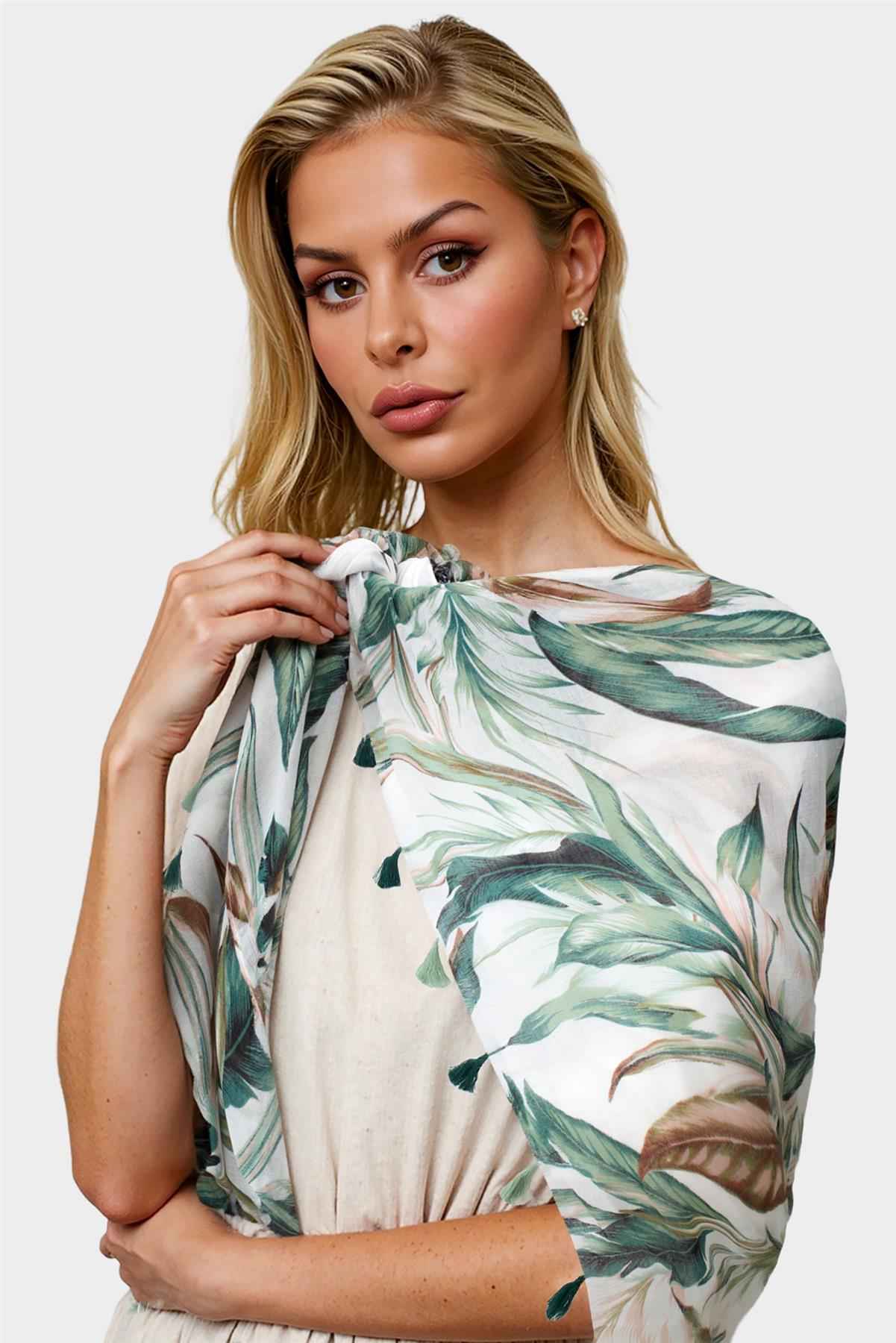 Green Leaf Print Tassel Scarf In White