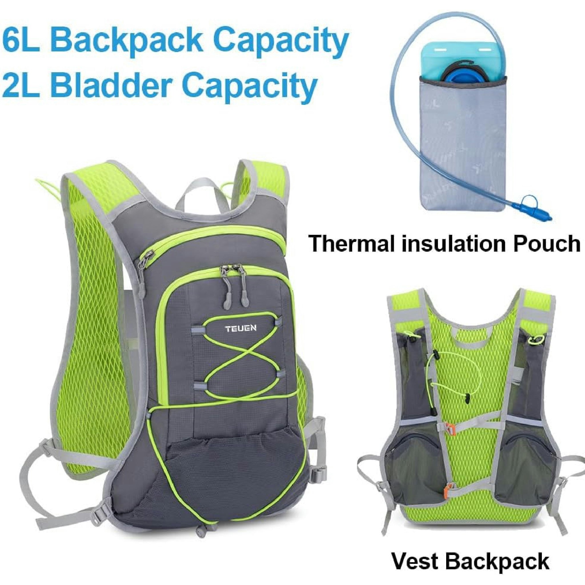 Zaino Idratazione con Vescica 2L, Zainetto Running Leggero Donna Uomo Zaino con Sacca Idrica per Corsa MTB Ciclismo Maratona Trekking Trail, Zaino Acqua 6L Unisex Adulto (grigio) Hauptansicht