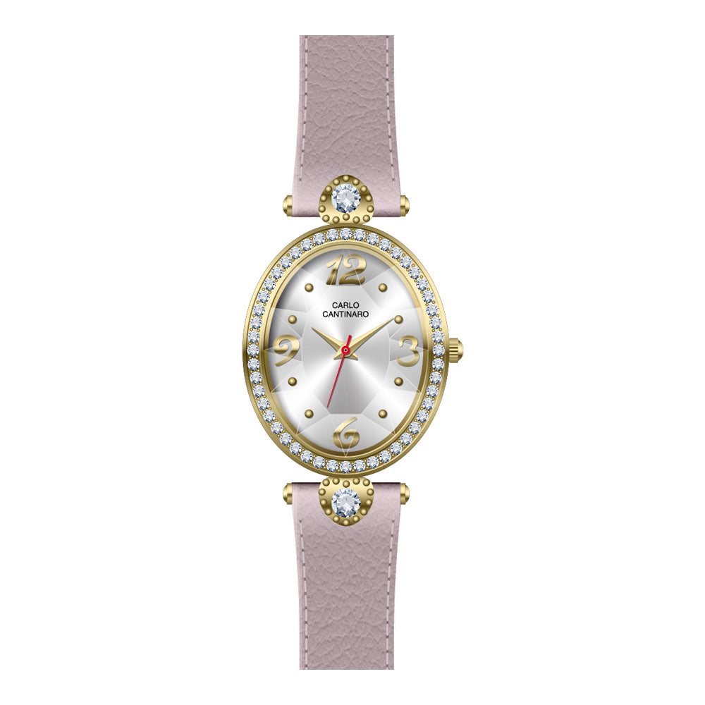 Damenuhr CC3012 Metallgehäuse goldfarben 30 mm Lederarmband rosa Quarz