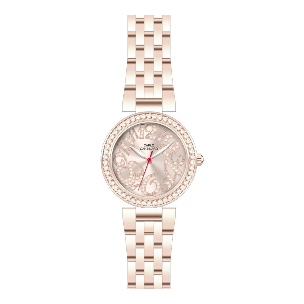Damenuhr Quarz Metallgehäuse roségold 36 mm Armband mit Steinbesatz | Carlo Cantinaro