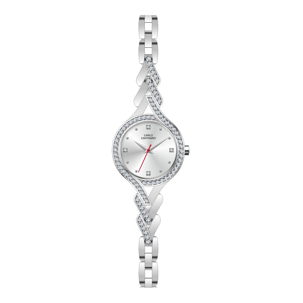 Damenuhr CC3031 Metallgehäuse silber 30 mm Quarz Armbanduhr mit Steinen