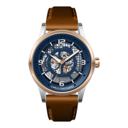 Herrenuhr Automatik skelettiert 50 mm Metallgehäuse Lederarmband blau | Carlo Cantinaro