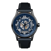 Herrenuhr Automatik skelettiert 50 mm Metallgehäuse schwarz Lederarmband blau | Carlo Cantinaro
