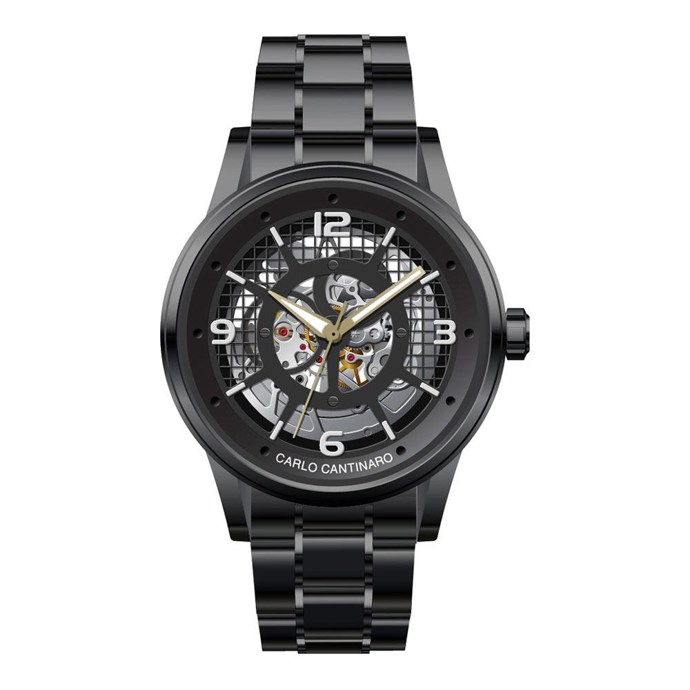 Herrenuhr Automatik Skelettuhr Metallgehäuse schwarz 50 mm Armband | Carlo Cantinaro