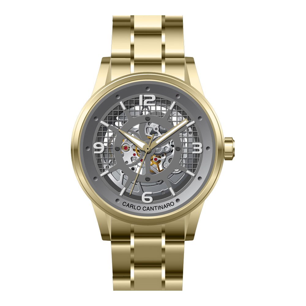 Herrenuhr Automatik gold 50 mm skelettiertes Zifferblatt Glasboden | Carlo Cantinaro