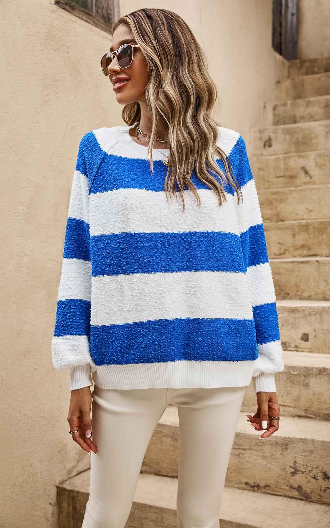 Blue Stripe Relaxed Knit Jumper Top In White