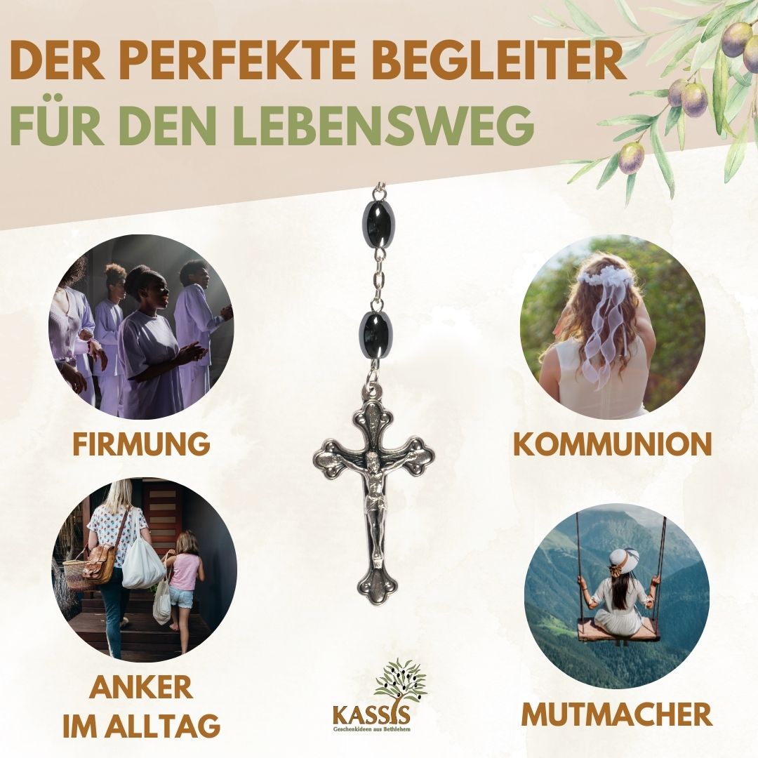 Rosenkranz mit ovalen Hämatitperlen, glänzende Oberfläche